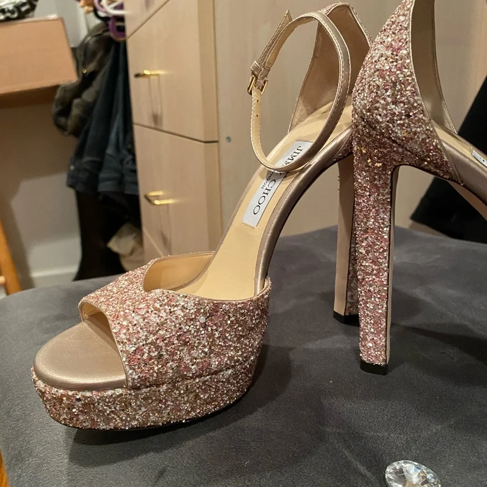Jimmy Choo Rose Gold Glitter Platform Sandals